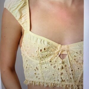 Anthropologie White Eyelet Corset Top Puff Sleeve 100% Cotton Size L NWT